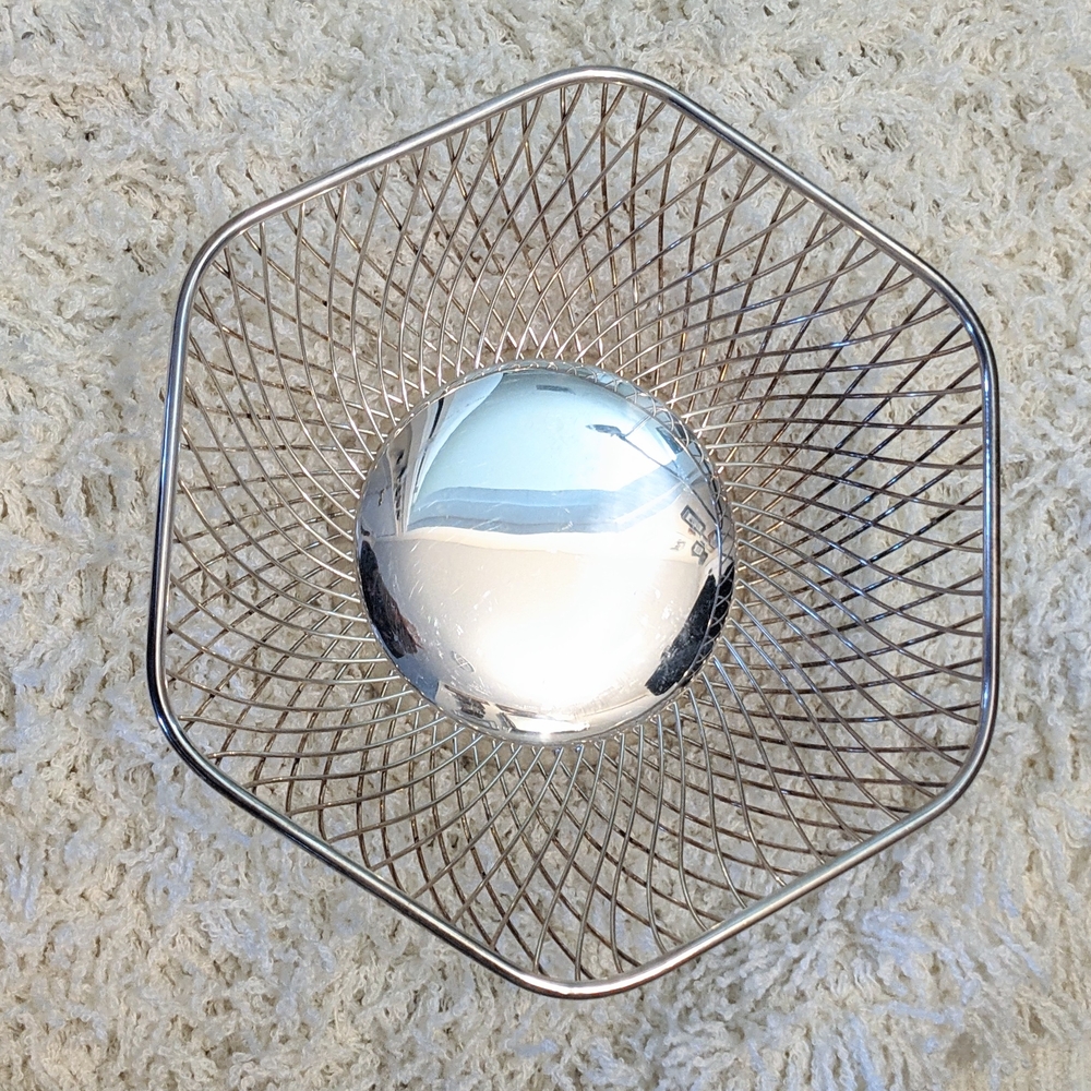MCM Silver Plated Wire Fruit Bread Basket Bowl Dish 1960s Hexagon Vintage